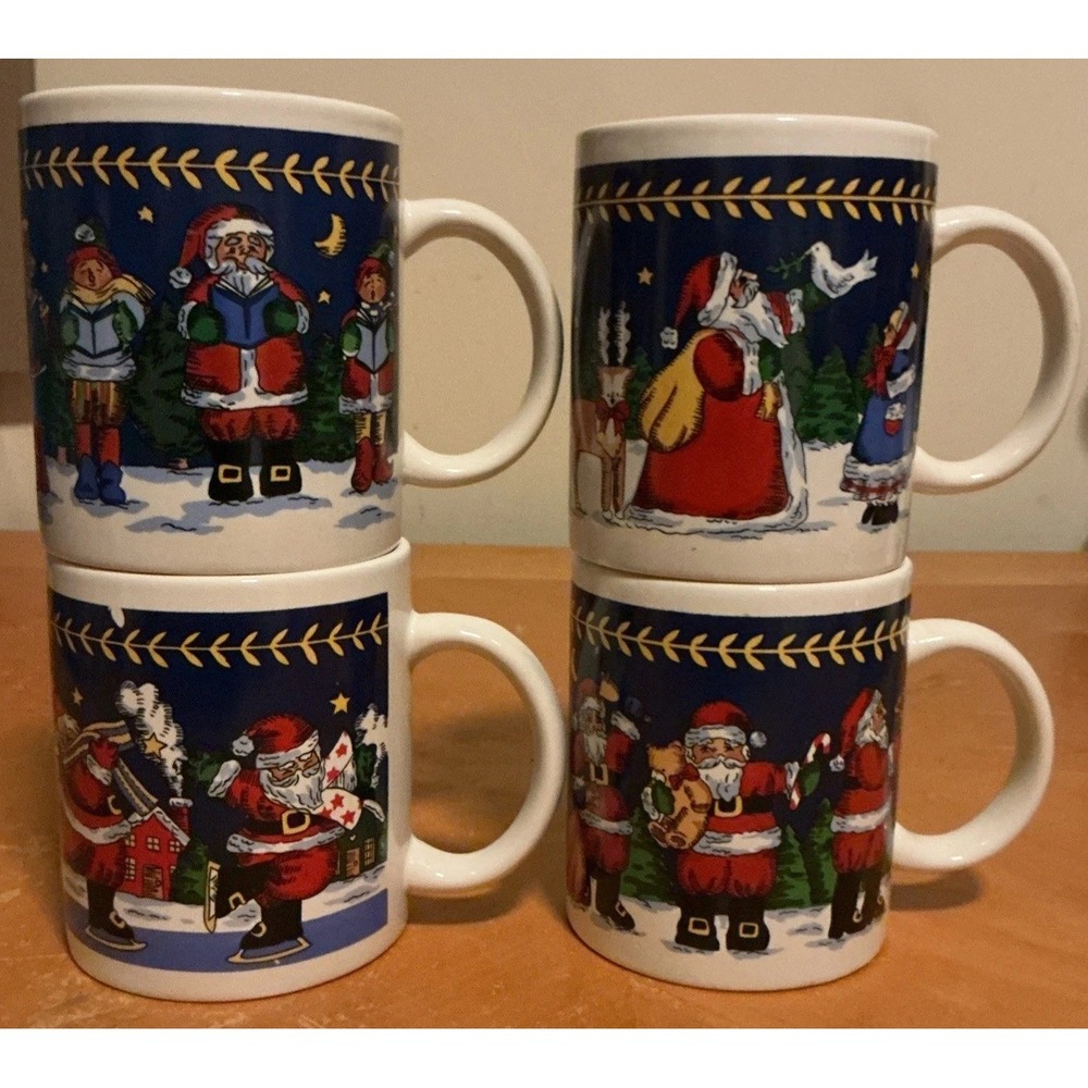 Sakura Christmas Santa Coffee Mugs Set of 4‎ Blue Holiday Ceramic Cups